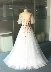 Lisa | Discover Floral Cap Sleeve V Neck Wedding Dresses for Elegant Brides - White Floral - PromDressClub